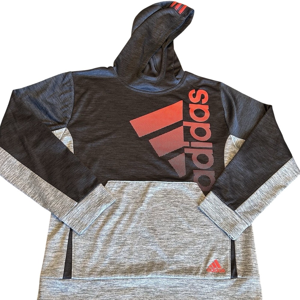 ADIDAS Size L (14/16) Boys Gray/Red Front Pocket Fleece Lined Athletic Hoodie